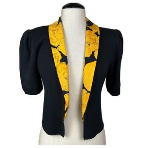 St‎ John Evening Cardigan Sweater Womens S Black Floral Collar Short Puff Sleeve